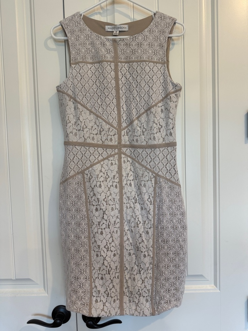 Maggy London Beige Lace Sheath Dress with Geometric Trim